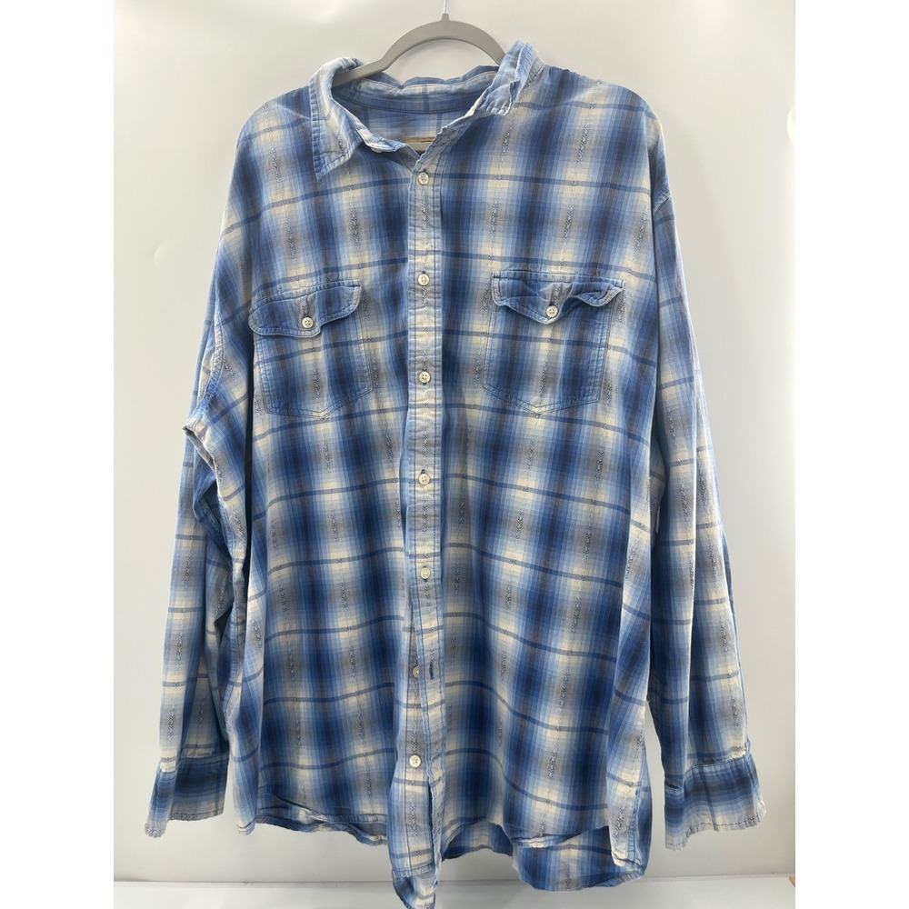 The Foundry Supply Co Mens 3XLT Blue Plaid Long Sleeve Button Down Shirt Cotton
